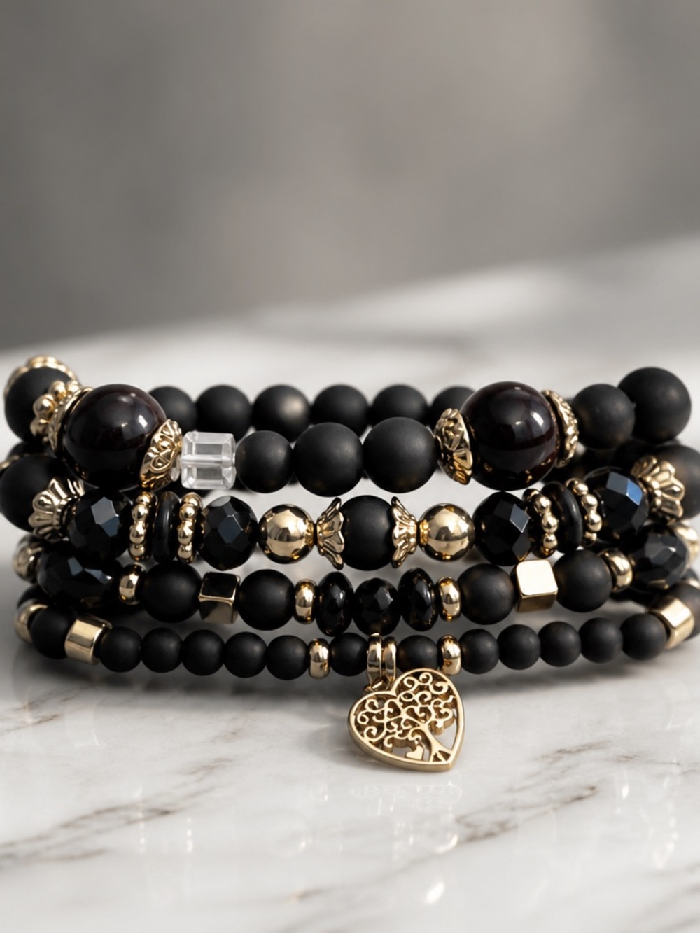 Black and Gold Beaded Heart Charm Bracelet Stack for Women